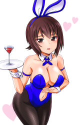 Rule 34 | 10s, 1girl, :d, animal ears, bare shoulders, blue leotard, breasts, brown eyes, brown hair, center opening, cherry, cleavage, collarbone, cowboy shot, cup, detached collar, drinking glass, eyebrows, fake animal ears, food, fruit, girls und panzer, glint, hairband, heart, highres, holding, holding tray, kumoi takashi, leaning forward, leotard, looking at viewer, medium breasts, navel, nishizumi maho, open mouth, pantyhose, playboy bunny, rabbit ears, shiny clothes, shiny skin, short hair, simple background, skindentation, smile, solo, stomach, strapless, strapless leotard, tray, white background, wrist cuffs