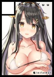 Rule 34 | 10s, 1girl, :d, artist name, bare arms, bare shoulders, bikini, black hair, blush, breast hold, breasts, brown eyes, cleavage, collarbone, commentary request, copyright name, covered erect nipples, hair ornament, hairclip, halterneck, haruna (kancolle), headgear, kantai collection, large breasts, long hair, micro bikini, open mouth, rin yuu, sanpaku, shiny skin, sidelocks, simple background, skindentation, smile, solo, star (symbol), straight hair, strap gap, swimsuit, tareme, unaligned breasts, underboob, upper body, white background, white bikini