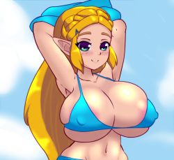Rule 34 | 1girl, absurdres, areola slip, arms behind head, arms up, bikini, blue eyes, blush, breasts, cleavage, covered erect nipples, elf, hair ornament, hairclip, hand on head, happy, highres, huge breasts, long hair, navel, nintendo, pointy ears, princess, princess zelda, smile, solo, standing, swimsuit, the legend of zelda, the legend of zelda: breath of the wild, the legend of zelda: tears of the kingdom, zoey kazuya