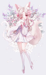Rule 34 | 1girl, ;d, absurdres, animal, animal ear fluff, animal ears, commentary request, dress, floral background, flower, forehead jewel, full body, grey background, high heels, highres, holding, holding animal, kneehighs, long sleeves, one eye closed, open mouth, original, parted bangs, pink footwear, platform footwear, platform heels, purple flower, red eyes, simple background, smile, socks, solo, tail, tandohark, white dress, white flower, white socks, wide sleeves