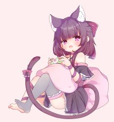 Rule 34 | 1girl, absurdres, animal ear fluff, animal ears, arm ribbon, babalilo, barefoot, black dress, blush, bow, cat ears, cat girl, cat tail, choker, commentary request, commission, controller, criss-cross halter, dress, fallenshadow, fang, feet, full body, game controller, grey thighhighs, halter dress, halterneck, highres, holding, holding controller, holding game controller, indie virtual youtuber, leg ribbon, looking at viewer, medium hair, no shoes, non-web source, open mouth, petite, pillow, pink bow, pink choker, pink eyes, pink ribbon, playing games, purple bow, purple choker, purple hair, purple ribbon, ribbon, ribbon choker, simple background, single sock, single thighhigh, sitting, skeb commission, skin fang, socks, solo, tail, tail bow, tail ornament, tail ribbon, thighhighs, toes, virtual youtuber, waist bow