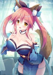 Rule 34 | 10s, 1girl, animal ears, bad id, bad pixiv id, black bow, black thighhighs, blue kimono, blush, bow, breasts, circle name, cleavage, curtains, day, detached collar, fate/extra, fate (series), fox ears, fox shadow puppet, green panties, hair between eyes, hair bow, hands on own chest, hands up, indoors, japanese clothes, kimono, large breasts, leaning forward, long hair, looking at viewer, open mouth, panties, panty pull, pelvic curtain, pink hair, short kimono, sidelocks, smile, solo, sousouman, tamamo (fate), tamamo no mae (fate/extra), tareme, thighhighs, twintails, underwear, window, yellow eyes