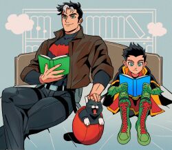 Rule 34 | 2boys, batman (series), belt, black bodysuit, black hair, black pants, bodysuit, boots, brothers, brown jacket, cape, child, damian wayne, dc comics, gloves, green eyes, green footwear, green gloves, grey bodysuit, highres, jacket, jason todd, mag6 osashi3, male focus, mask, multicolored hair, multiple boys, muscular, muscular male, open clothes, open mouth, pants, red hood (dc), red mask, robin (dc), short hair, siblings, smile, superhero costume, two-tone bodysuit, two-tone hair, utility belt, yellow cape
