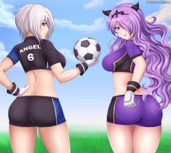 Rule 34 | 2girls, angel (kof), ass, ball, blush, breasts, camilla (fire emblem), cosplay, fire emblem, fire emblem fates, from behind, hair over one eye, highres, large breasts, long hair, looking at viewer, looking back, multiple girls, nintendo, patdarux, shiny clothes, shiny skin, short hair, short shorts, shorts, sideboob, smile, snk, soccer ball, soccer uniform, sportswear, the king of fighters, very long hair