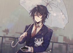 Rule 34 | 1boy, 3di project, amel3di, building, collared shirt, formal, heterochromia, highres, long sleeves, male focus, mole, mole under mouth, pointy ears, raccoon, rain, red eyes, shirt, solo, suit, umbrella, vici (3di), virtual youtuber