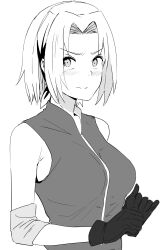 Rule 34 | 1girl, bare shoulders, blush, breasts, detached sleeves, female focus, gloves, h2o (ddks2923), hairband, haruno sakura, highres, large breasts, looking at viewer, naruto (series), naruto shippuuden, shirt, short hair, simple background, sleeveless, sleeveless shirt, solo, upper body, white background
