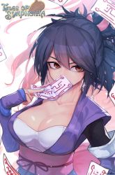 Rule 34 | 1girl, bad id, bad twitter id, between fingers, black hair, breasts, brown eyes, cleavage, collarbone, commentary, copyright name, covering own mouth, detached sleeves, fujibayashi sheena, hair between eyes, hair ribbon, highres, holding, japanese clothes, kashu (hizake), large breasts, long sleeves, looking at viewer, medium hair, nail polish, obi, ofuda, ofuda between fingers, pink ribbon, ponytail, ribbon, sash, shiny skin, sidelocks, signature, solo, tales of (series), tales of symphonia, upper body, white background, white nails