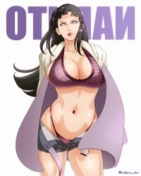 1girl absurdres black_hair blue_shorts breasts character_name cleavage collarbone cowboy_shot denim fishnet_bra fishnet_panties highleg highleg_panties highres hood hooded_jacket hyuuga_hinata jacket mirrored_text naruto:_road_to_ninja naruto_(series) naruto_shippuuden navel open_clothes open_jacket panties purple_jacket saburo_des short_shorts shorts simple_background solo twitter_username underwear white_background white_eyes