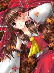 Rule 34 | 1girl, bad id, bad pixiv id, black hair, bow, brown hair, detached sleeves, female focus, frills, hair bow, hakurei reimu, japanese clothes, kamiya chiaki, large bow, leaf, long hair, lying, maple leaf, miko, on back, open mouth, outdoors, red eyes, short hair, solo, touhou, wink