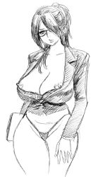 Rule 34 | 1girl, breasts, business suit, cleavage, contrapposto, curvy, formal, glasses, greyscale, hair over one eye, hip focus, huge breasts, monochrome, nipple slip, nipples, no pants, panties, sketch, solo, source request, standing, suit, tatsunami youtoku, thong, underwear, wide hips