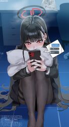 1girl absurdres black_hair black_halo black_skirt black_suit blue_archive blunt_bangs blush bright_pupils embarrassed face_in_pillow formal_clothes halo highres holding holding_phone kashio_(92984798) long_hair on_floor pantyhose phone pillow red_eyes rio_(blue_archive) sitting skirt solo steam suit very_long_hair watch watermark white_pupils wristwatch