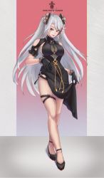 Rule 34 | absurdres, artist name, azur lane, bare shoulders, black bow, black footwear, black gloves, bow, breasts, cleavage, cleavage cutout, clothing cutout, full body, gloves, grey background, grey hair, highres, huge filesize, iron blood (emblem), large breasts, long hair, multicolored hair, official alternate costume, prinz eugen (azur lane), prinz eugen (cordial cornflower) (azur lane), red background, red hair, see-through, shoes, solo, streaked hair, thigh strap, two-tone background, yellow eyes, yinyun