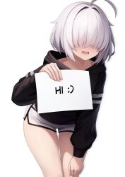 Rule 34 | 1girl, ahoge, arc 9 (mikoscrub), black hoodie, bob cut, commentary, dolphin shorts, emoticon, english commentary, hair intakes, hair over eyes, highres, holding, holding sign, hood, hood down, hoodie, leaning forward, long sleeves, mikoscrub, open mouth, original, shorts, sign, simple background, solo, standing, thigh gap, thighs, white background, white hair, white shorts