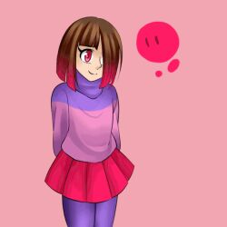 Rule 34 | akumu (glitchtale), background-color, bete noire, brown hair, clothes, glitchtale, pink eyes, pink hair, pink shirt, purple shirt, red shirt, shirt, short hair, skirt, smile