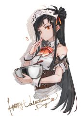 Rule 34 | 1girl, alternate costume, black hair, bow, bowtie, breasts, closed mouth, cropped legs, english text, enmaided, finger to mouth, girls&#039; frontline, hair ornament, hairclip, happy valentine, highres, holding, imoko (imonatsuki), long hair, looking at viewer, maid, maid headdress, medium breasts, orange bow, orange bowtie, orange eyes, qbz-191 (girls&#039; frontline), side ponytail, solo, standing, valentine, white background