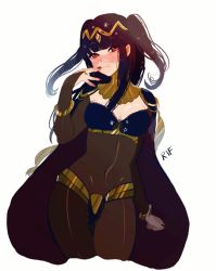 Rule 34 | 1girl, animated, animated gif, black hair, black nails, blinking, blush, bodystocking, breasts, cleavage, cleavage cutout, clothing cutout, fire emblem, fire emblem awakening, hand on own face, jewelry, long hair, looking at viewer, nail polish, nintendo, red eyes, rif (rif-art), see-through, solo, tharja (fire emblem), two side up