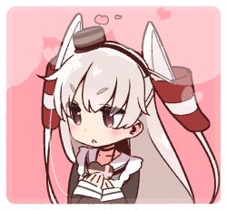 Rule 34 | 1girl, amatsukaze (kancolle), blush, candy, chocolate, chocolate heart, food, hair tubes, heart, holding, kantai collection, maid, melt (vocaloid), pink background, red eyes, silver hair, solo, two side up, valentine, vocaloid, yoru nai