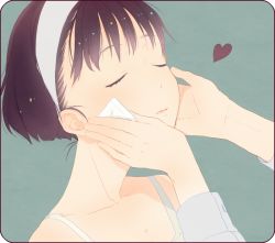 Rule 34 | 1girl, bad id, bare shoulders, black hair, close-up, closed eyes, hairband, hands on another&#039;s face, heart, mosuko, original, short hair, solo focus, tissue