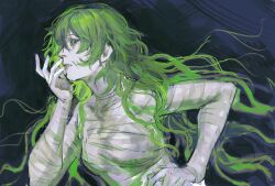Rule 34 | 1girl, bandaged arm, bandaged chest, bandages, crurry (trenos x), eto (tokyo ghoul), from side, green eyes, green hair, hand on own hip, highres, leaning forward, long hair, looking at viewer, multicolored background, red eyes, solo, tokyo ghoul, tokyo ghoul:re, upper body