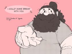 Rule 34 | 1boy, bara, beard, beard over mouth, belly, dungeon meshi, dwarf, english text, facial hair, fat, fat man, full beard, greyscale with colored background, highres, long beard, male focus, mustache, no headwear, outstretched hand, pink background, reaching, reaching towards viewer, renny (rendogged), senshi (dungeon meshi), solo, thick beard, thick mustache, upper body, valentine card, very long beard