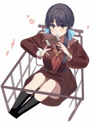 Rule 34 | 1girl, absurdres, ankle socks, black socks, blue eyes, blue hair, blue ribbon, blunt bangs, brown dress, candy, chocolate, chocolate bar, closed mouth, commentary, cropped legs, dark blue hair, dkou, dress, emphasis lines, food, hair ribbon, hasu no sora school uniform, heart, highres, holding, holding chocolate, holding food, in cart, light smile, link! like! love live!, long hair, long sleeves, looking at viewer, love live!, low twintails, murano sayaka, neckerchief, pleated dress, red neckerchief, ribbon, sailor collar, sailor dress, school uniform, shopping cart, simple background, sitting, socks, solo, sparkle, symbol-only commentary, twintails, white background, white sailor collar, winter uniform