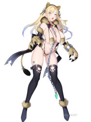 Rule 34 | 1girl, animal ears, animal hands, bikini, blonde hair, chain, character request, elbow gloves, escalation heroines, fake animal ears, fang, full body, fur trim, gloves, green eyes, highres, long hair, nanahara fuyuki, official art, open mouth, swimsuit, thighhighs, white background