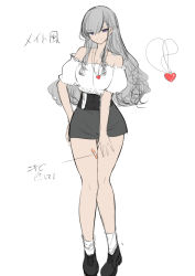 Rule 34 | 1girl, :d, alternate costume, azur lane, bandaid, bare shoulders, belfast (azur lane), black skirt, braid, breasts, cleavage, collarbone, concept art, corset, ear piercing, french braid, gyaru, hair over one eye, hand on own hip, heart, heart necklace, large breasts, long hair, looking at viewer, necklace, off-shoulder shirt, off shoulder, open mouth, pencil skirt, piercing, puffy short sleeves, puffy sleeves, purple eyes, schreibe shura, shirt, shoes, short sleeves, simple background, skirt, smile, socks, solo, standing, white background, white hair, white shirt
