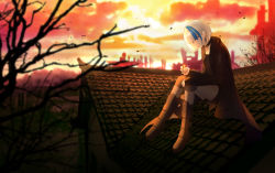 Rule 34 | 1girl, absurdres, bad id, bad pixiv id, bare tree, black footwear, black jacket, black shirt, black shorts, blue eyes, blue hair, blurry, blurry background, blurry foreground, boots, building, commission, depth of field, fire, heterochromia, highres, holding, jacket, lighter, mamel 27, multicolored hair, musical note earrings, on roof, open clothes, open jacket, original, outdoors, red eyes, rooftop, shirt, short shorts, shorts, silver hair, sitting, solo, treble clef, tree, two-tone hair