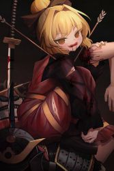 Rule 34 | 1girl, akaiha (akaihasugk), armor, arrow (projectile), arrow in body, black bow, black shirt, blonde hair, blood, blood on clothes, blouse, blush, bow, brown dress, brown eyes, closed mouth, commentary request, cuts, disembodied limb, dress, eating, feet out of frame, guro, hair bow, hair bun, hair intakes, helmet, highres, injury, japanese armor, kabuto (helmet), katana, kurodani yamame, looking at viewer, shirt, short hair, single hair bun, smile, solo, sword, torn clothes, touhou, weapon