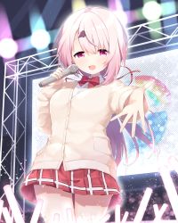 Rule 34 | 1girl, commentary request, hair ornament, hairclip, highres, ksk (semicha keisuke), long hair, looking at viewer, microphone, nijisanji, open mouth, pink eyes, pink hair, ponytail, reaching, reaching towards viewer, red ribbon, ribbon, school uniform, shiina yuika, shiina yuika (1st costume), solo, stage, stage lights, virtual youtuber