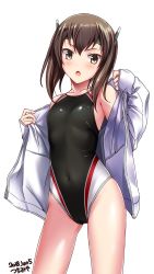 Rule 34 | 1girl, artist name, black one-piece swimsuit, brown eyes, brown hair, chestnut mouth, competition swimsuit, contrapposto, covered navel, cowboy shot, dated, flat chest, headband, headgear, highres, jacket, kantai collection, looking at viewer, one-piece swimsuit, open clothes, open jacket, simple background, sleeves past wrists, solo, standing, swimsuit, taihou (kancolle), tsuchimiya, white background, white jacket