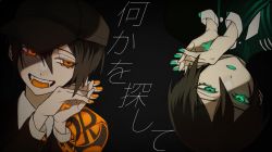 Rule 34 | 2boys, black hair, colored tongue, danganronpa (series), danganronpa v3: killing harmony, dual persona, fangs, green nails, hair between eyes, hands up, jacket, looking at viewer, multicolored clothes, multicolored jacket, multiple boys, nail polish, niwatori panda, official alternate costume, orange eyes, orange jacket, orange nails, orange tongue, own hands together, saihara shuichi, short hair, sideways glance, striped clothes, striped jacket, translation request, upside-down