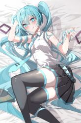 Rule 34 | 1girl, :q, absurdres, aqua eyes, aqua hair, aqua necktie, arm support, bare arms, bare shoulders, black skirt, black sleeves, black thighhighs, blush, come hither, commentary, detached sleeves, detached sleeves removed, feet out of frame, hair ornament, hatsune miku, head on hand, head rest, highres, holding, holding own hair, kawasuru (15miclon), long hair, looking at viewer, lying, miniskirt, necktie, on bed, on side, pleated skirt, shirt, shoulder tattoo, skirt, sleeveless, sleeveless shirt, solo, tattoo, thighhighs, tongue, tongue out, twintails, unworn hair ornament, very long hair, vocaloid, white shirt, zettai ryouiki