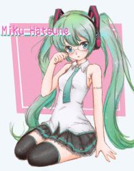 Rule 34 | 1girl, bespectacled, character name, chindefu, glasses, green eyes, green hair, hatsune miku, headphones, long hair, looking at viewer, matching hair/eyes, mikumikudance, necktie, sitting, skirt, solo, thighhighs, twintails, very long hair, vocaloid, lat model (mikumikudance)