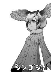 Rule 34 | 10s, 1girl, bad id, bad pixiv id, buttons, coat, commentary request, fur collar, fur trim, greyscale, head wings, highres, kemono friends, kishida-shiki, long sleeves, monochrome, multicolored hair, northern white-faced owl (kemono friends), owl ears, short hair, spread wings, standing, translation request, wings