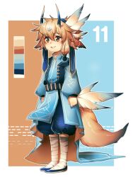Rule 34 | 1boy, adoptable, animal ears, bandaged foot, bandaged leg, bandages, bird ears, black horns, blue background, blue footwear, blue jacket, blue pants, blue sleeves, border, brown background, brown eyes, brown hair, chinese clothes, clenched hand, collared jacket, color guide, commentary, demon horns, english commentary, feather hair ornament, feathers, fox tail, full body, gradient horns, hair between eyes, hair ornament, horns, jacket, long sleeves, looking ahead, male focus, multicolored horns, open mouth, original, outside border, pants, pink lips, puffy long sleeves, puffy pants, puffy sleeves, satchely, shoes, short hair, single sidelock, smile, solo, tail, teeth, transparent border, two-tone background, white border