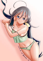 Rule 34 | 1girl, ahoge, blue eyes, blush, bow, bow panties, breasts, camisole, closed mouth, collarbone, dated, green camisole, grey hair, hair between eyes, hair ribbon, kantai collection, kiyoshimo (kancolle), long hair, looking at viewer, low twintails, lying, moke ro, navel, nipple slip, nipples, panties, polka dot, polka dot camisole, polka dot panties, ribbon, simple background, sleeveless, small breasts, smile, spaghetti strap, stomach, twintails, twitter username, underwear, very long hair, yellow ribbon