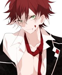 Rule 34 | 10s, 1boy, blood, closed mouth, collarbone, diabolik lovers, fang, green eyes, kiri (qoo), looking at viewer, male focus, necktie, red hair, sakamaki ayato, school uniform, simple background, solo, unbuttoned, uniform, upper body, vampire, white background