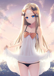 Rule 34 | 1girl, abigail williams (fate), artist request, backlighting, bandaid, bandaid on face, bandaid on forehead, bare shoulders, black bow, black panties, blonde hair, blue eyes, bow, breasts, closed mouth, clothes lift, collarbone, crossed bandaids, dress, dress lift, fate/grand order, fate (series), forehead, gradient sky, hair bow, highres, long hair, multiple hair bows, ocean, orange bow, orange sky, panties, parted bangs, polka dot, polka dot bow, sky, small breasts, smile, sparkle, sunset, thighs, twilight, underwear, wet, white dress