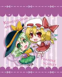 Rule 34 | 2girls, :d, bad id, bad pixiv id, black hat, black socks, blonde hair, blush, bow, character name, chibi, commentary request, crystal, dress, fang, flandre scarlet, floral print, frilled dress, frilled shirt collar, frilled skirt, frilled sleeves, frills, full body, green eyes, green skirt, greyscale, hair between eyes, hair bow, hat, heart, heart of string, kneehighs, komeiji koishi, long skirt, long sleeves, looking at viewer, mob cap, monochrome, multiple girls, noai nioshi, one side up, open mouth, orange bow, outline, outstretched arm, puffy short sleeves, puffy sleeves, red bow, red dress, red eyes, ribbon-trimmed headwear, ribbon trim, short hair, short sleeves, skirt, smile, socks, string, striped, striped background, tareme, third eye, touhou, trait connection, vertical stripes, white hat, white outline, wings, wrist cuffs