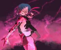 Rule 34 | 1girl, artist name, black background, black jacket, brown hair, closed eyes, from side, green hair, hair ribbon, highres, jacket, ladybug (character), leaning forward, long sleeves, magic, marinette dupain-cheng, miraculous ladybug, multicolored hair, pants, pink background, pink pants, pink ribbon, ribbon, seio (nao miragggcc45), smile, solo, sparkle, transformation, twintails