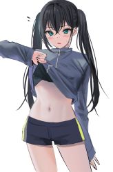 Rule 34 | 1girl, absurdres, black hair, black shorts, blue jacket, blush, clothes lift, crossed bangs, hair between eyes, highres, jacket, jacket lift, lifting own clothes, long hair, long sleeves, midriff, mole, mole under eye, myabit, navel, original, parted lips, short shorts, shorts, sidelocks, simple background, solo, sweat, twintails, white background