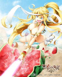 Rule 34 | 1girl, :d, age of ishtaria, barefoot, beach, bikini, blonde hair, blue eyes, breasts, cleavage, copyright name, copyright notice, energy sword, food, fruit, highres, ishida kazuma, jewelry, large breasts, long hair, necklace, open mouth, outdoors, ponytail, sand, smile, solo, suikawari, swimsuit, sword, very long hair, water, watermelon, weapon