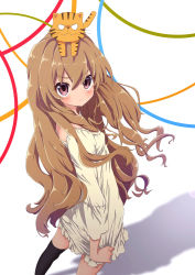 Rule 34 | 1girl, :3, absurdres, aisaka taiga, animal, animal on head, black thighhighs, blush, brown hair, closed mouth, drawdream1025, fangs, feet out of frame, from side, highres, long hair, long sleeves, looking at viewer, looking to the side, nightgown, on head, palmtop tiger, purple eyes, ribbon, single thighhigh, smile, standing, thighhighs, tiger, toradora!, v-shaped eyebrows, very long hair, whiskers