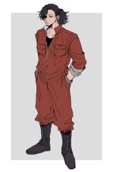 Rule 34 | 1boy, alternate costume, bad id, bad twitter id, black eyes, black footwear, black hair, black shirt, boku no hero academia, boots, border, closed mouth, commentary request, eraser head (boku no hero academia), facial hair, flat color, full body, grey background, hands in pockets, jumpsuit, long hair, male focus, orange jumpsuit, outside border, ponytail, rnuyvm, shirt, solo, standing, stubble, white border