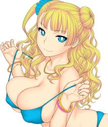 Rule 34 | 10s, 1girl, bikini, blonde hair, blue bikini, bracelet, breasts, cleavage, collarbone, covered erect nipples, earrings, female focus, galko, hair bun, hairband, jewelry, large breasts, long hair, looking at viewer, md5 mismatch, necklace, oshiete! galko-chan, resized, side ponytail, simple background, single hair bun, smile, solo, st.germain-sal, swimsuit, white background