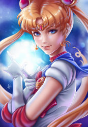 Rule 34 | 1girl, absurdres, bishoujo senshi sailor moon, blonde hair, blue background, blue eyes, blue sailor collar, bow, bowtie, brooch, crescent, crescent earrings, earrings, elbow gloves, gem, glint, gloves, hair bobbles, hair ornament, hair rings, hand gesture, headpiece, highres, huge filesize, jewelry, lips, long hair, looking at viewer, prywinko, red bow, red bowtie, red gemstone, sailor collar, sailor moon, short sleeves, signature, simple background, smile, solo, stanley lau, tsuki ni kawatte oshioki yo, tsukino usagi, twintails, upper body, very long hair, white gloves