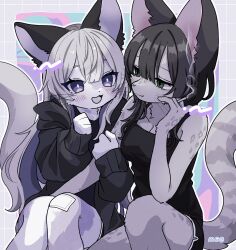 Rule 34 | 2girls, animal ears, animal nose, artist name, black camisole, black hoodie, black shorts, blush, breasts, bright pupils, camisole, cat ears, cat girl, cat tail, cigarette, cleavage, clenched hand, commentary, furry, furry female, green eyes, hair between eyes, highres, holding, holding another&#039;s arm, hood, hoodie, long hair, medium breasts, medium hair, meg (115meg), multiple girls, original, purple eyes, shorts, sleeves past wrists, smile, smoking, snout, symbol-only commentary, tail, white pupils, yuri