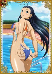 Rule 34 | 1girl, ass, black hair, blue eyes, blush, breasts, butt crack, dark skin, dark-skinned female, highres, ikkitousen, kakouen myousai, long hair, looking at viewer, looking back, official art, open mouth, pool, sideboob, solo, swimsuit, torn clothes