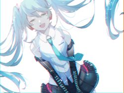 Rule 34 | 1girl, :d, bare shoulders, black skirt, blue eyes, blue necktie, breasts, detached sleeves, dutch angle, eiku, floating hair, half-closed eyes, hatsune miku, highres, long hair, looking away, medium breasts, necktie, open mouth, shirt, simple background, skirt, sleeveless, sleeveless shirt, smile, solo, twintails, upper body, very long hair, vocaloid, white background, white shirt